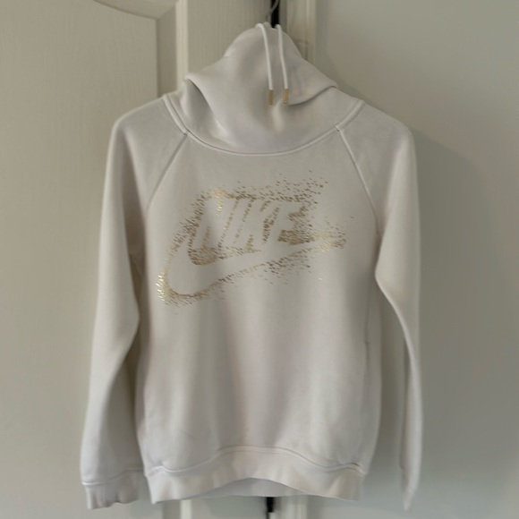 Nike Wmn XS funnel neck hoodie. White with gold lettering and accents. - Picture 1 of 7